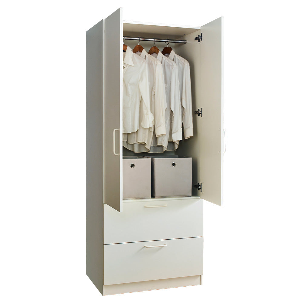 Emma Two-Door Wood Closet with Drawers and Hanging Bars - Solid Wood
