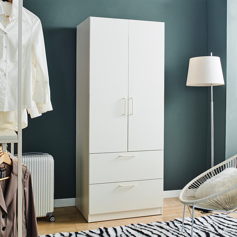 Emma Two-Door Wood Closet with Drawers and Hanging Bars - Solid Wood
