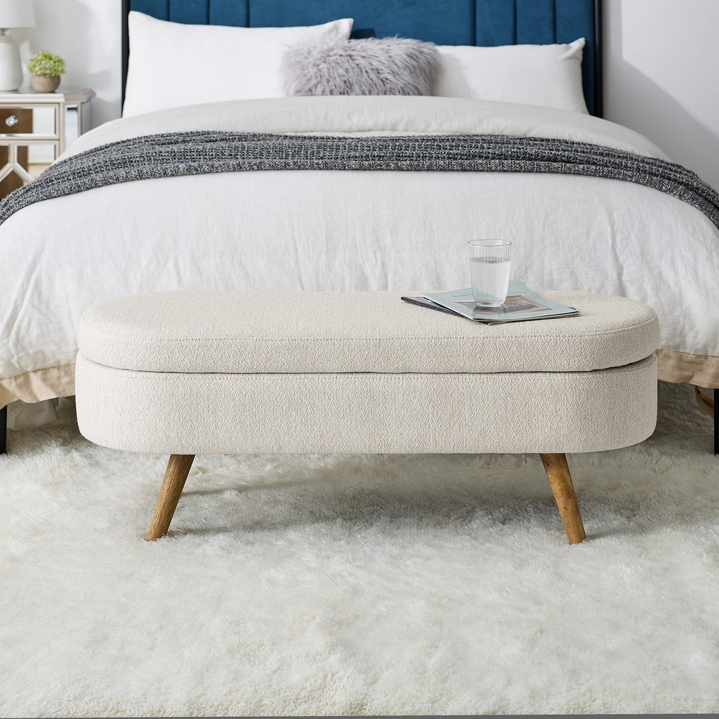 Ottoman Oval Storage Bench with Rubber Wood Legs - Beige