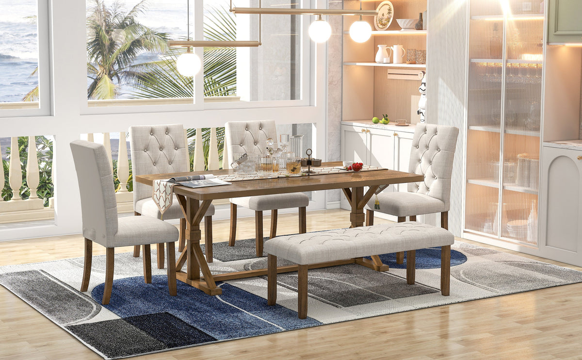 Farmhouse Dining Table Set with Upholstered Chairs and Bench - Beige