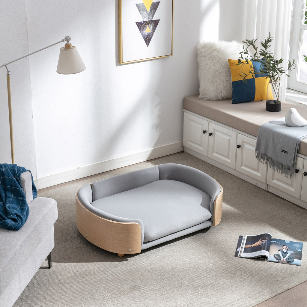 Scandinavian Style Elevated Dog Bed with Solid Wood Legs and Velvet Cushion - Light Grey or Dark Grey