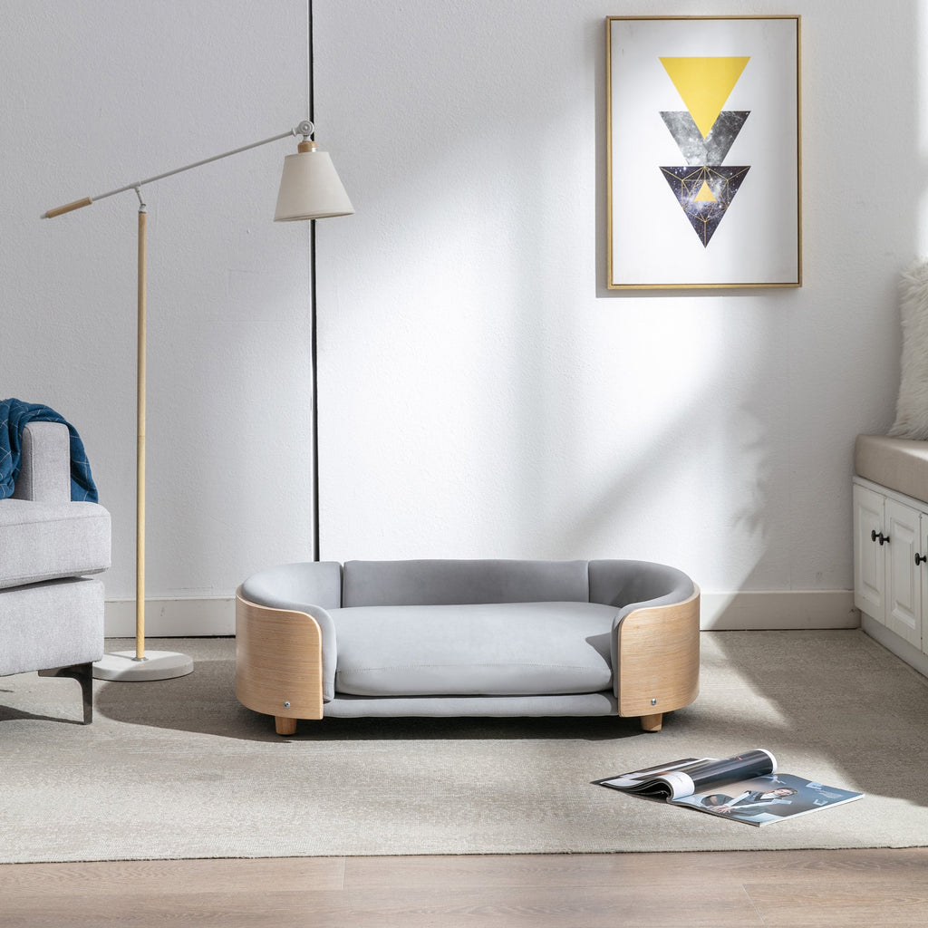 Scandinavian Style Elevated Dog Bed with Solid Wood Legs and Velvet Cushion - Light Grey or Dark Grey