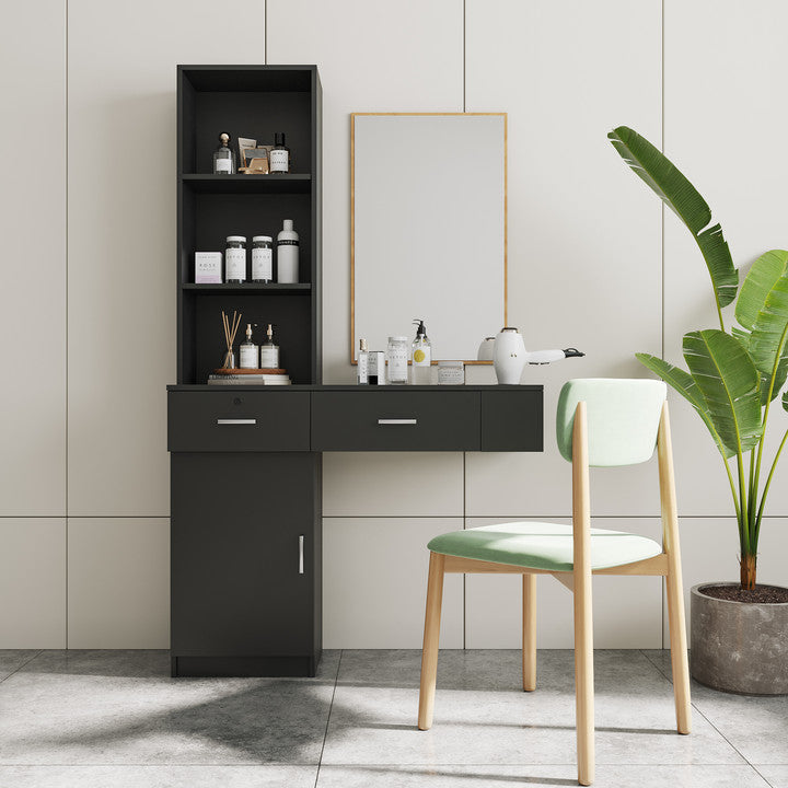 Black Modern Hair Desk with Multi-Layer Storage - Black