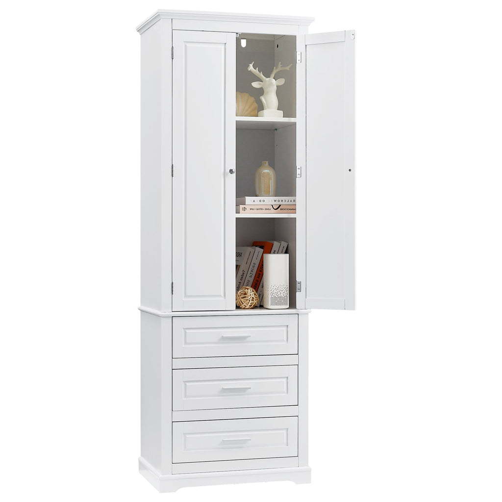 Tall Storage Cabinet with Three Drawers and Adjustable Shelf - White MDF