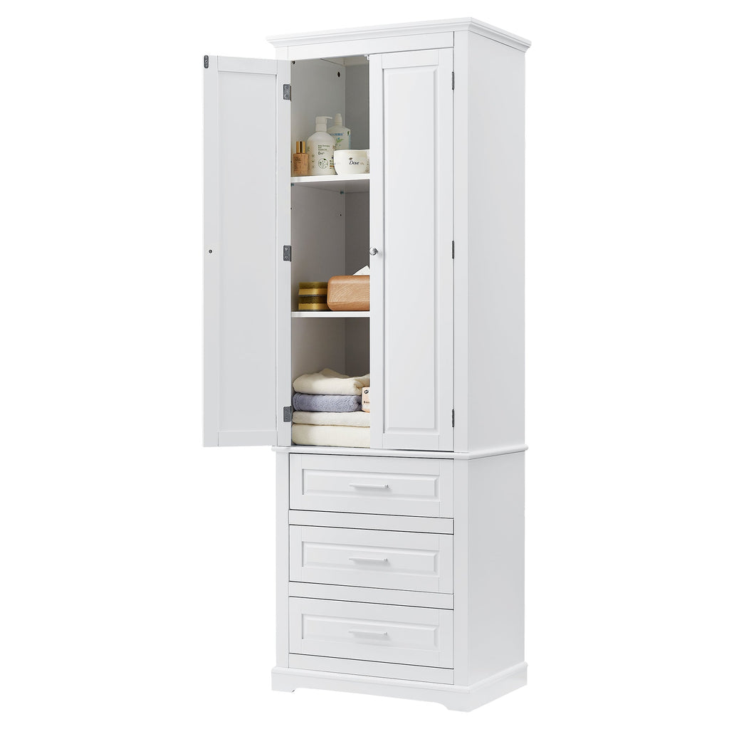 Tall Storage Cabinet with Three Drawers and Adjustable Shelf - White MDF