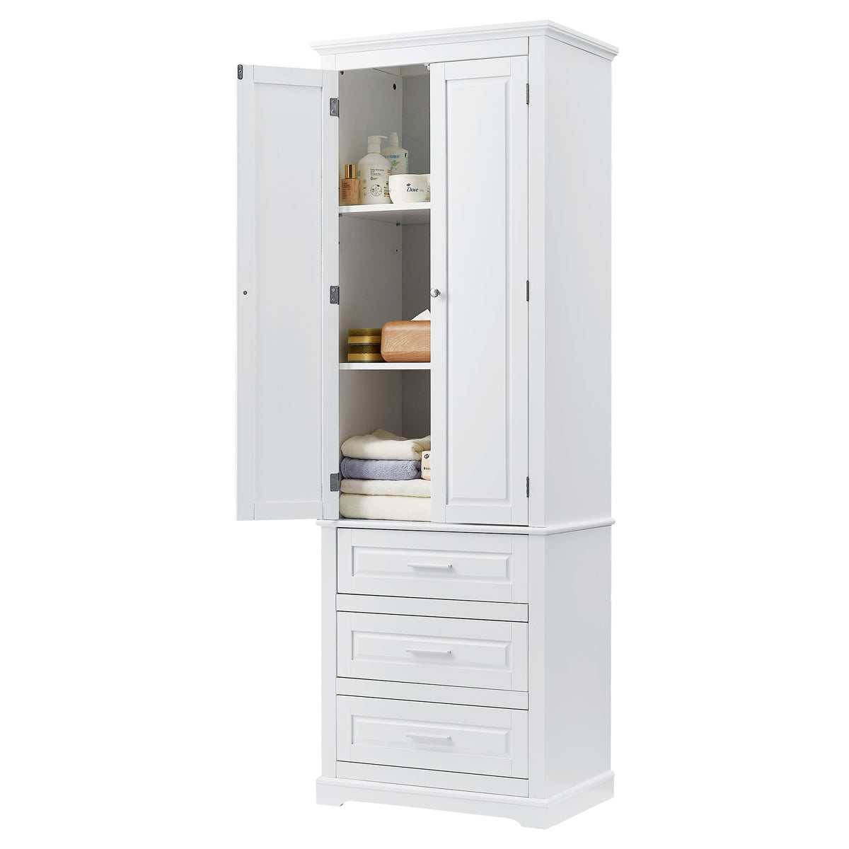 Tall Storage Cabinet with Three Drawers and Adjustable Shelf - White MDF