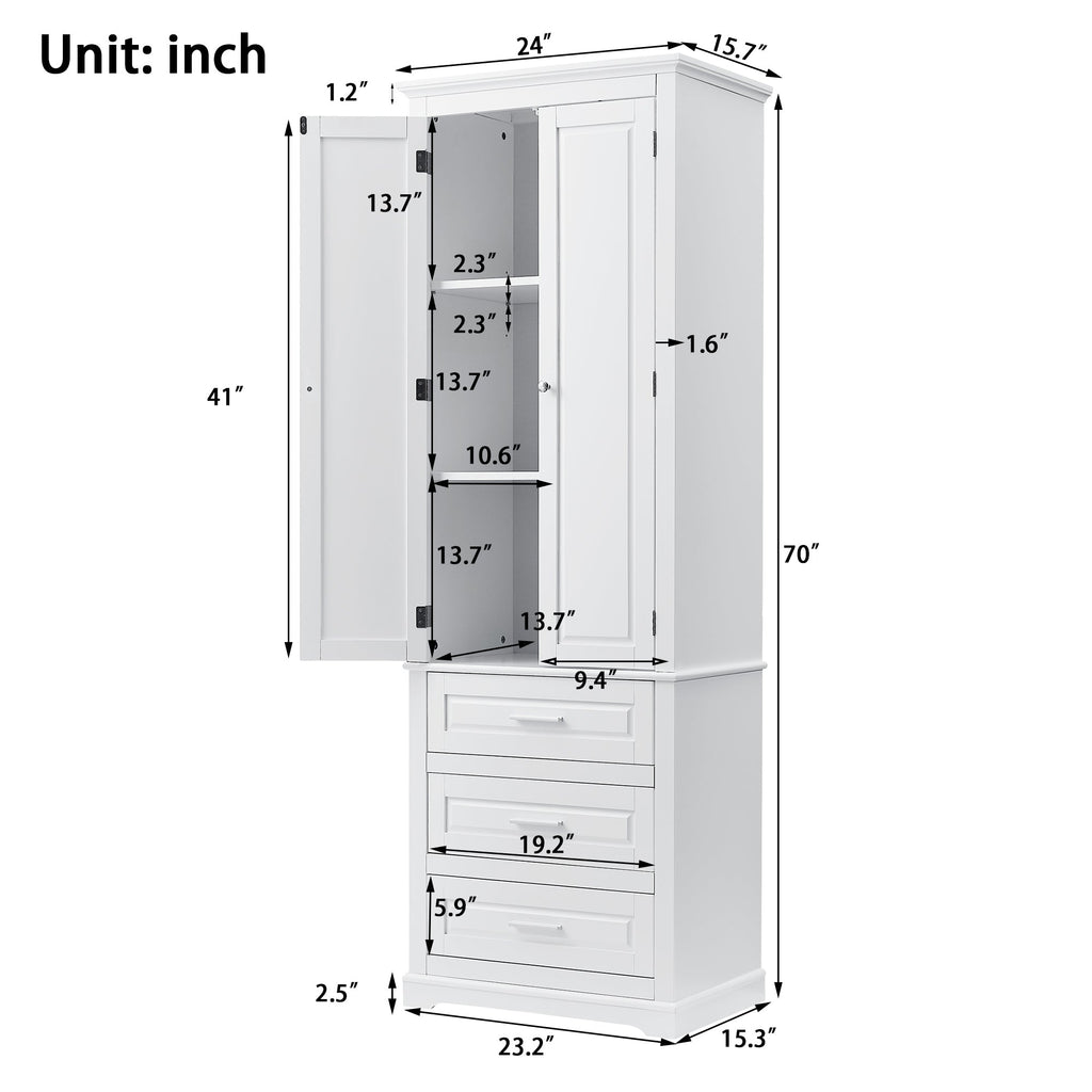 Tall Storage Cabinet with Three Drawers and Adjustable Shelf - White MDF