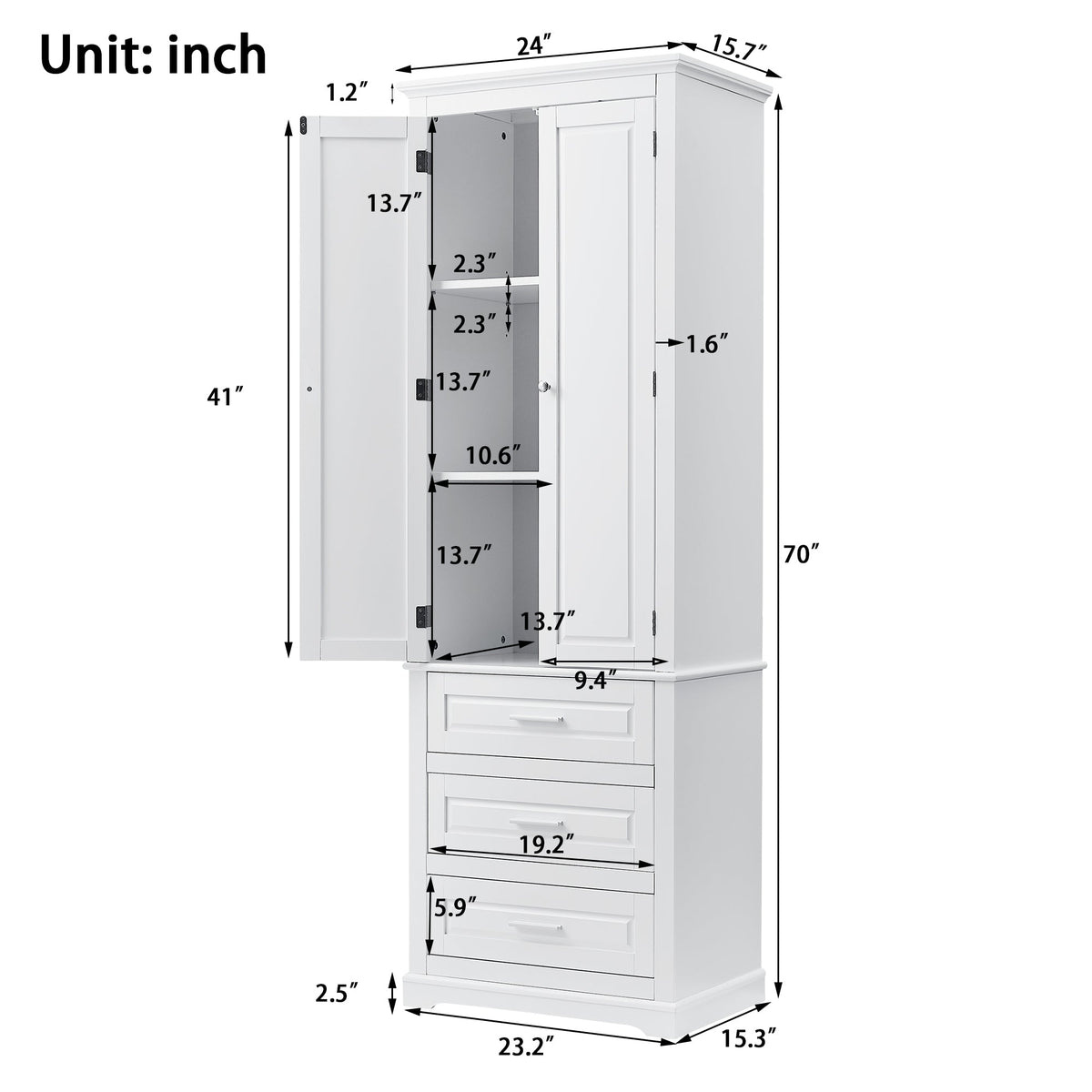 Tall Storage Cabinet with Three Drawers and Adjustable Shelf - White MDF