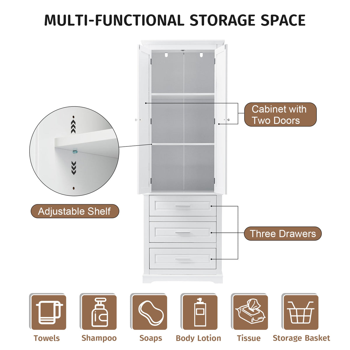 Tall Storage Cabinet with Three Drawers and Adjustable Shelf - White MDF