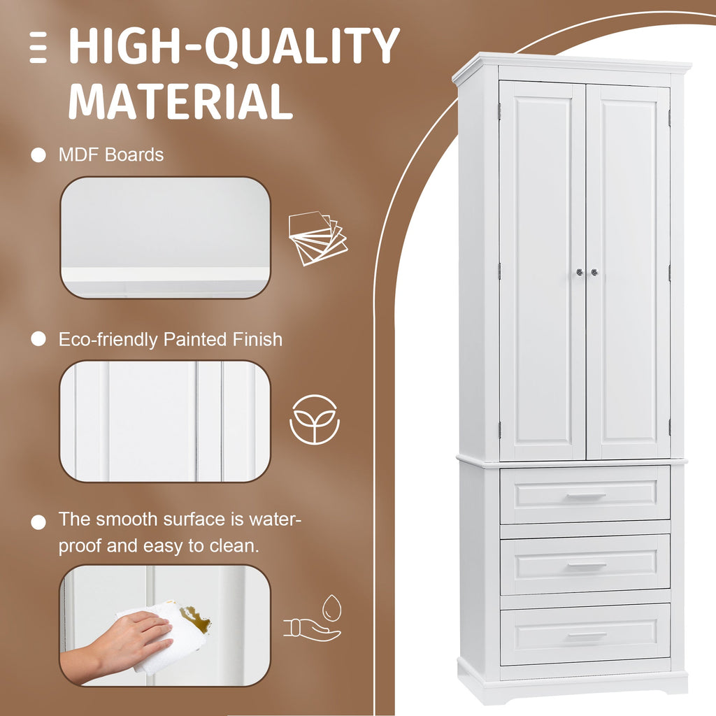 Tall Storage Cabinet with Three Drawers and Adjustable Shelf - White MDF