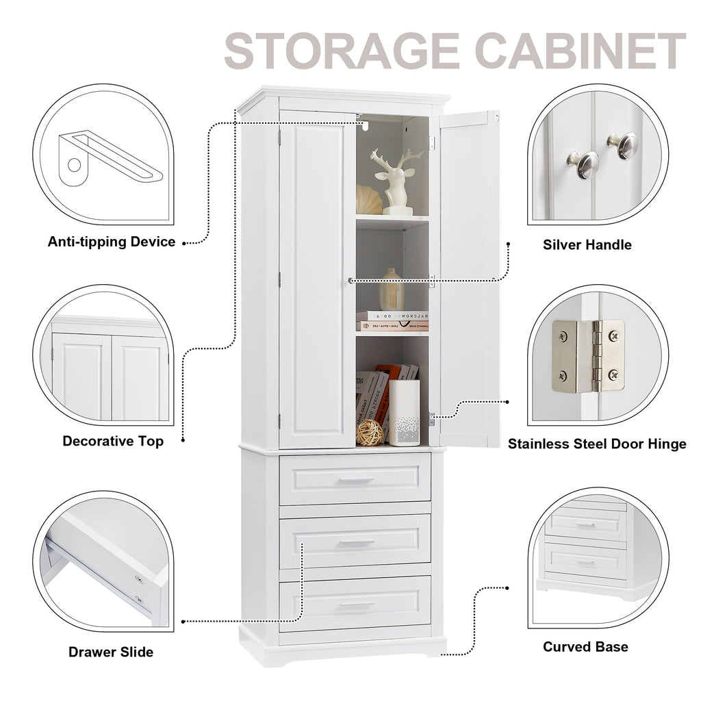 Tall Storage Cabinet with Three Drawers and Adjustable Shelf - White MDF