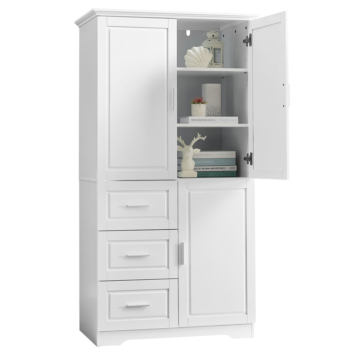 Tall and Wide Storage Cabinet with Doors and Drawers - White