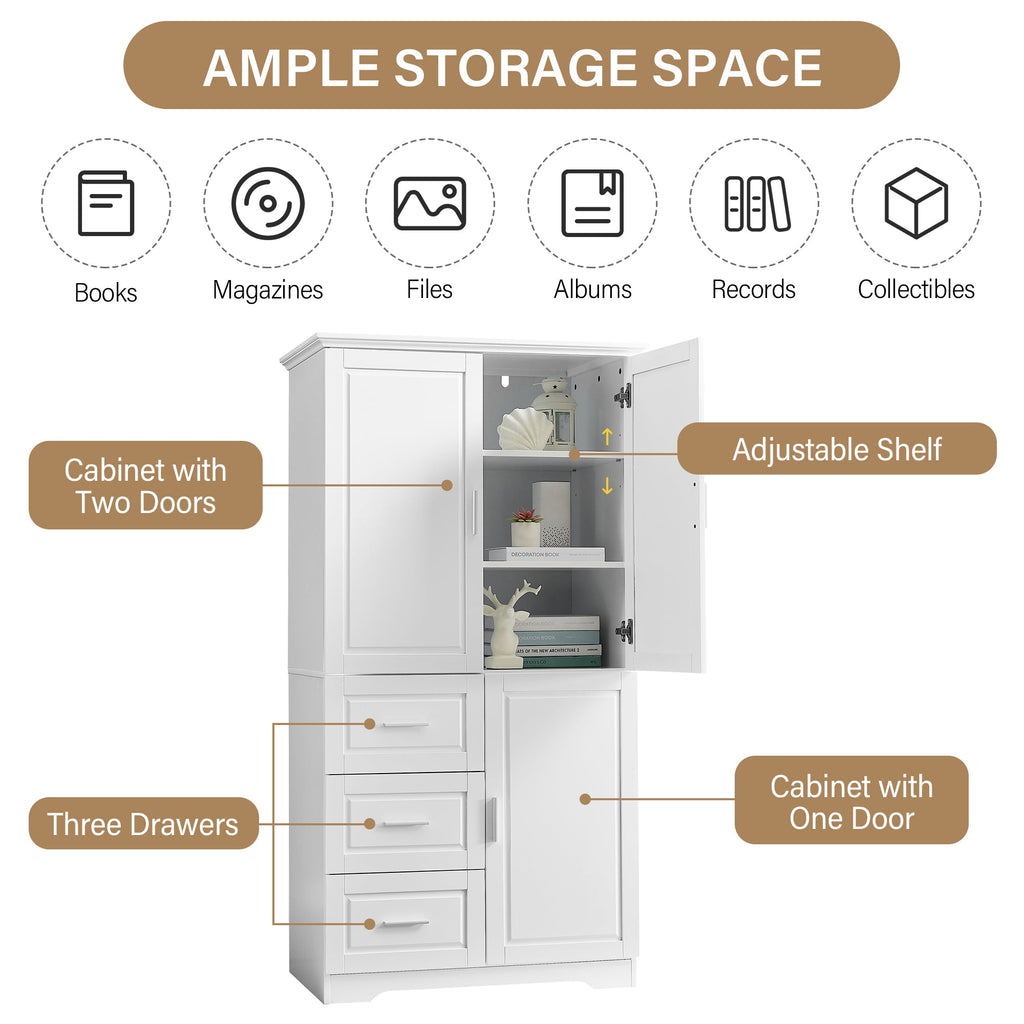 Tall and Wide Storage Cabinet with Doors and Drawers - White