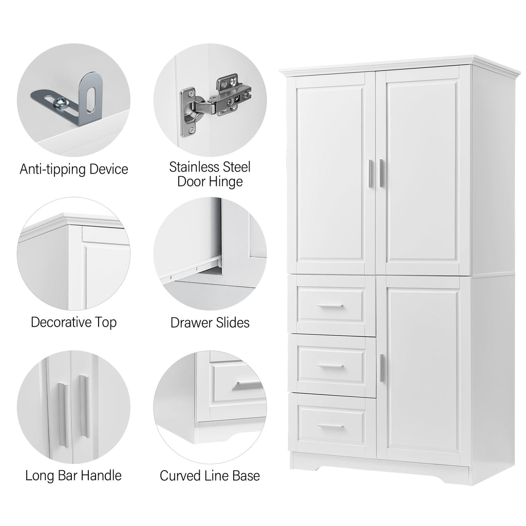 Tall and Wide Storage Cabinet with Doors and Drawers - White