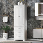 Tall Storage Cabinet with Three Drawers and Adjustable Shelf - White MDF