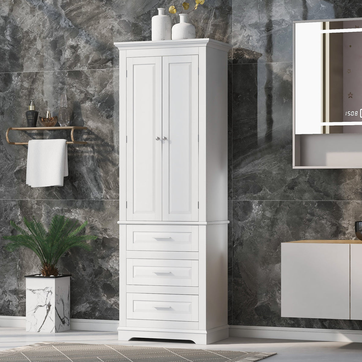 Tall Storage Cabinet with Three Drawers and Adjustable Shelf - White MDF