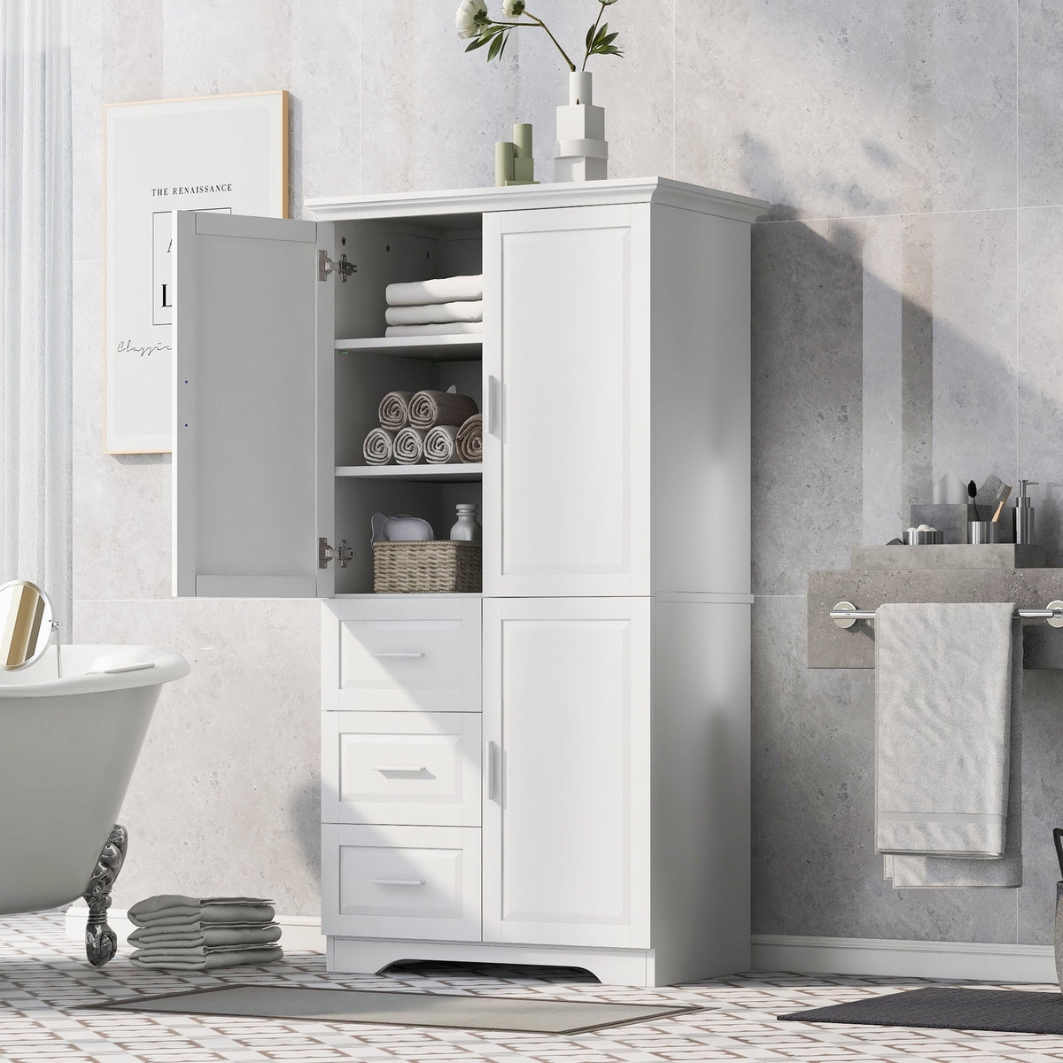 Tall and Wide Storage Cabinet with Doors and Drawers - White