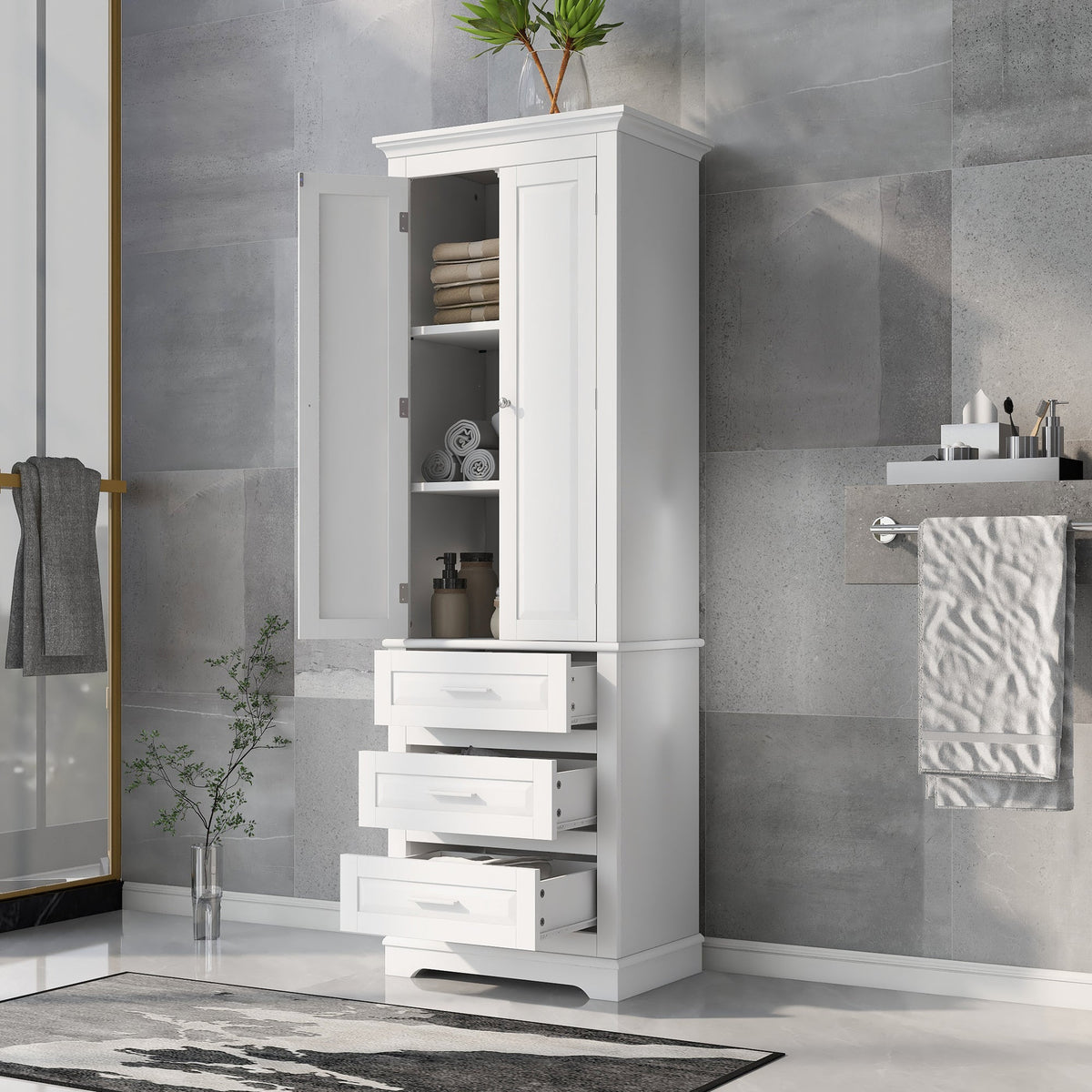 Tall Storage Cabinet with Three Drawers and Adjustable Shelf - White MDF