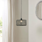 Metal Mesh Pendant Light with Iron Cage Drum Shade - Black