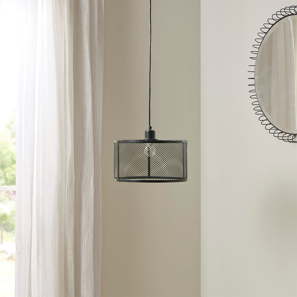 Metal Mesh Pendant Light with Iron Cage Drum Shade - Black