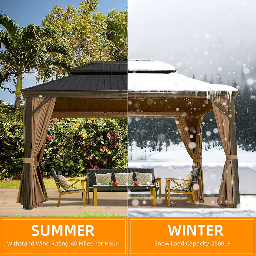 10' x 12' Hardtop Aluminum Gazebo with Double Canopy - Brown