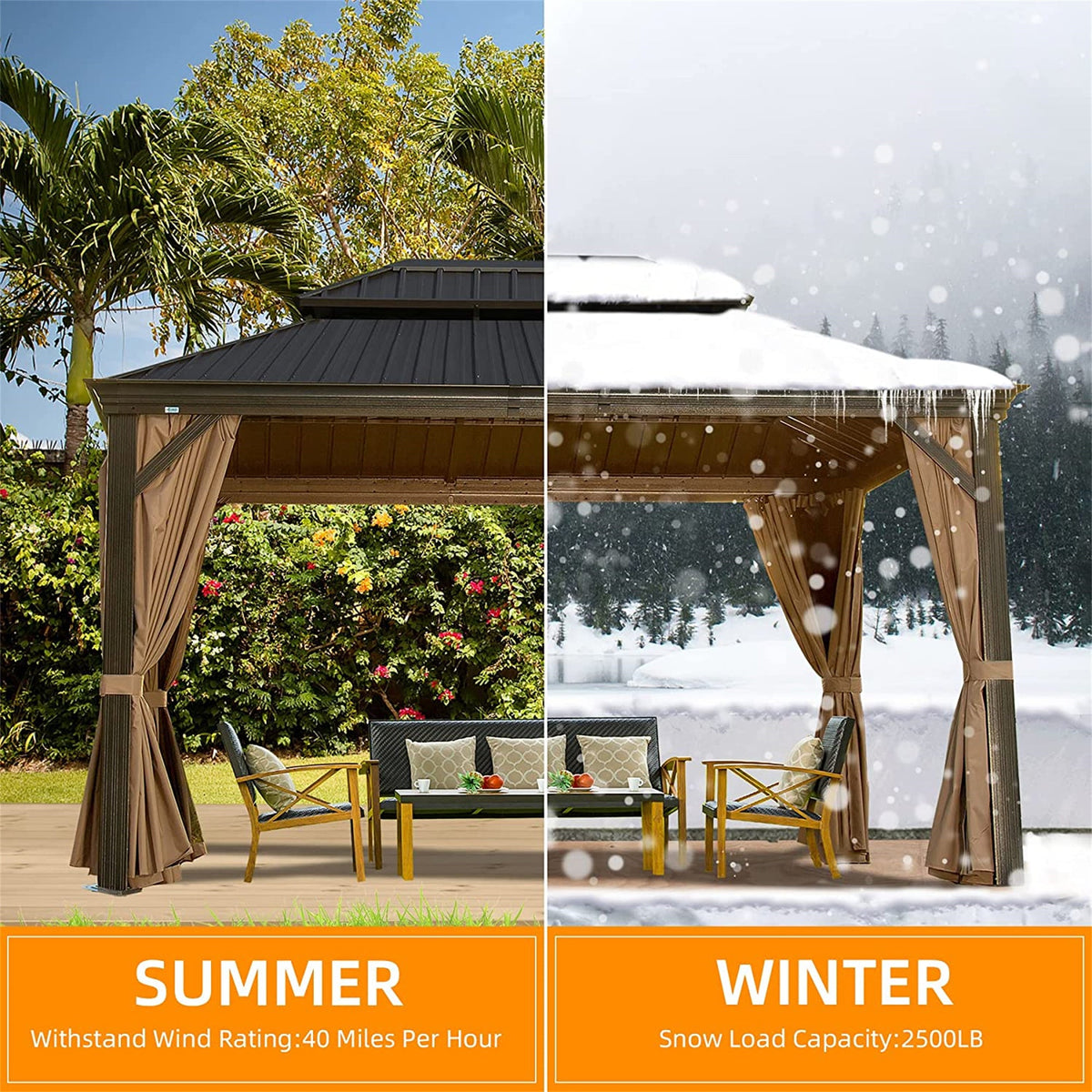 10' x 12' Hardtop Aluminum Gazebo with Double Canopy - Brown