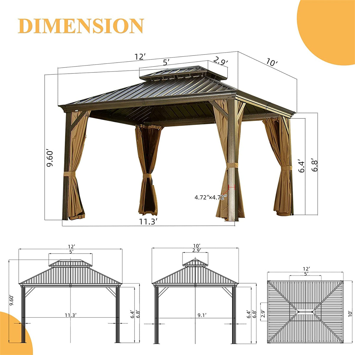 10' x 12' Hardtop Aluminum Gazebo with Double Canopy - Brown