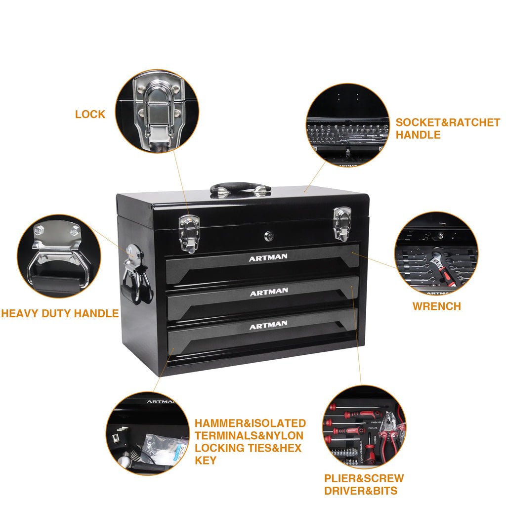 20'' Portable 3-Drawer Steel Toolbox with Top Storage Tray - Black