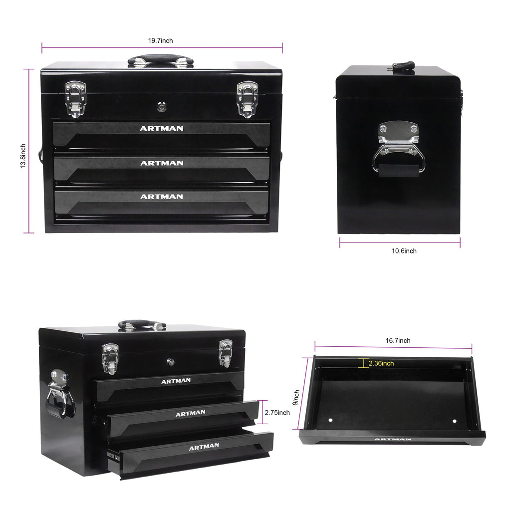 20'' Portable 3-Drawer Steel Toolbox with Top Storage Tray - Black