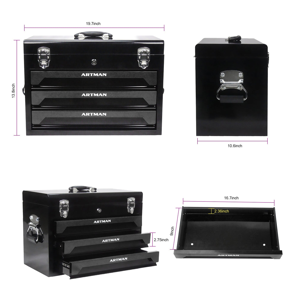 20'' Portable 3-Drawer Steel Toolbox with Top Storage Tray - Black