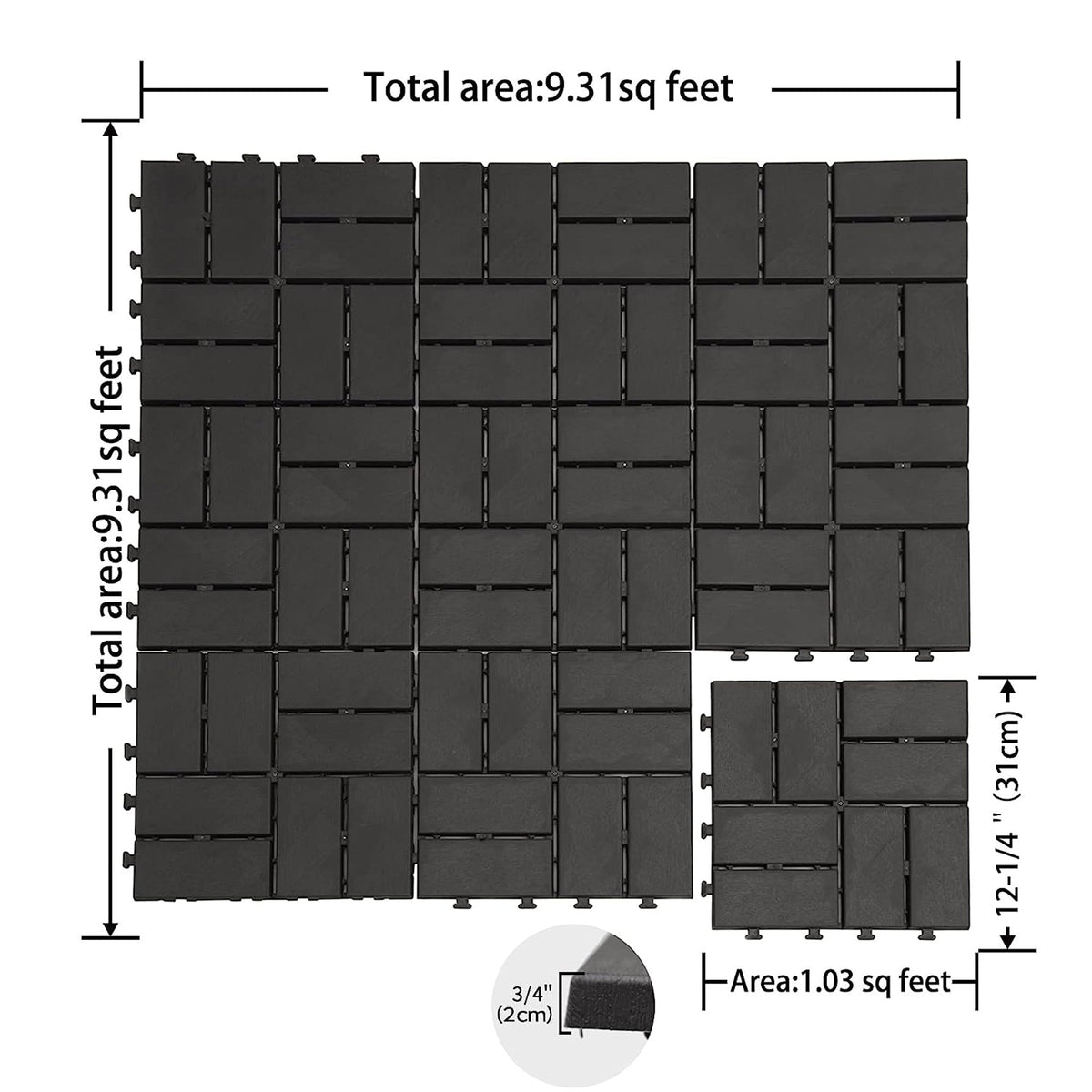 Patio Interlocking Deck Tiles with Composite Construction - 12x12 Inch