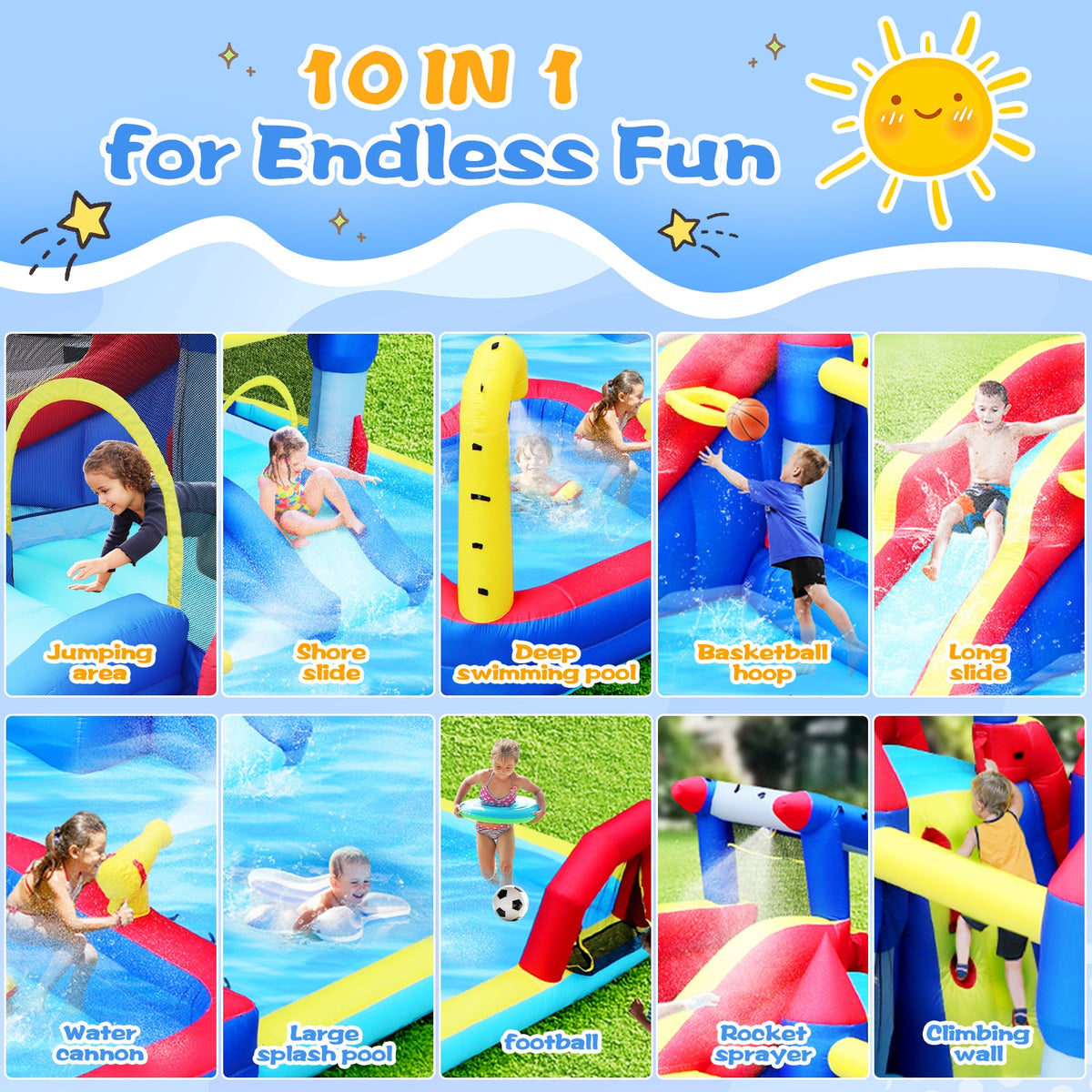 10 in1 Inflatable Slide Water Park with Climbing Wall - Multicolor