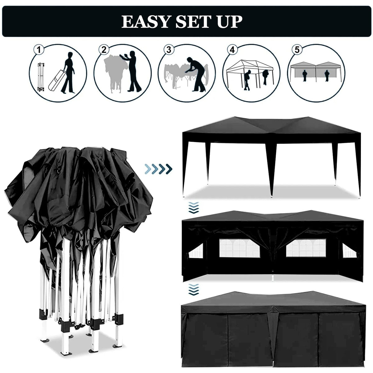 10'x20' Pop Up Canopy Tent with Removable Sidewalls - Black