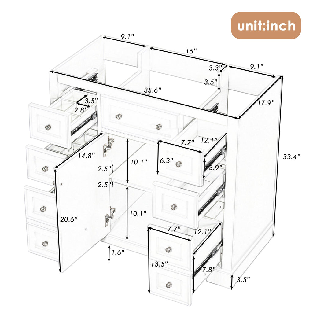 36" Bathroom Vanity Cabinet Base with Drawers - Solid Wood & MDF
