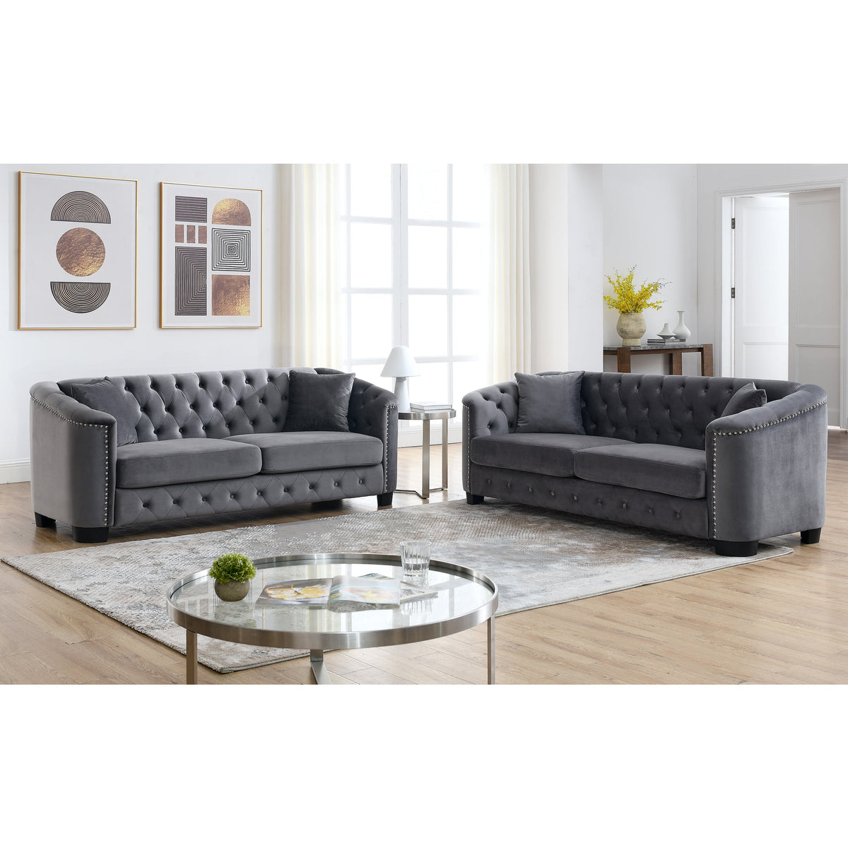 Velvet Chelsfield Sofa Set with Deep Seat Cushions - Grey, Beige, or Black