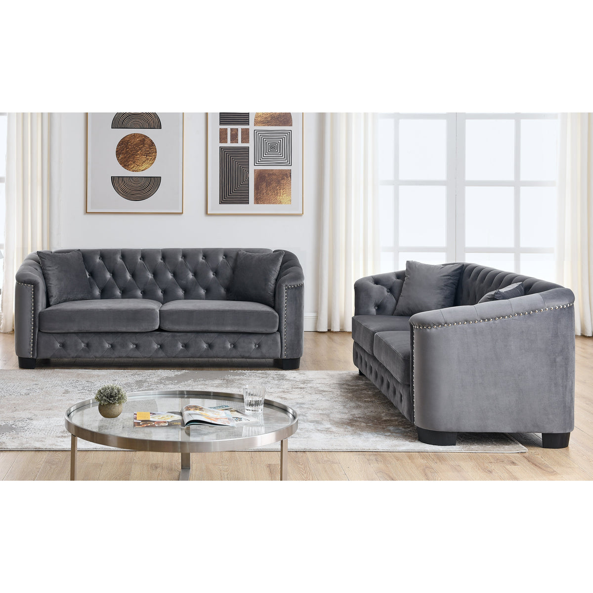 Velvet Chelsfield Sofa Set with Deep Seat Cushions - Grey, Beige, or Black