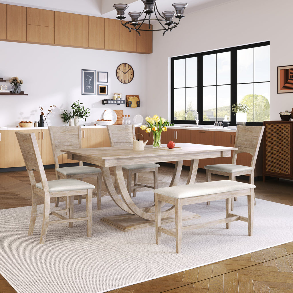6-Piece Wood Dining Table Set with Half Round Legs - Seats 6