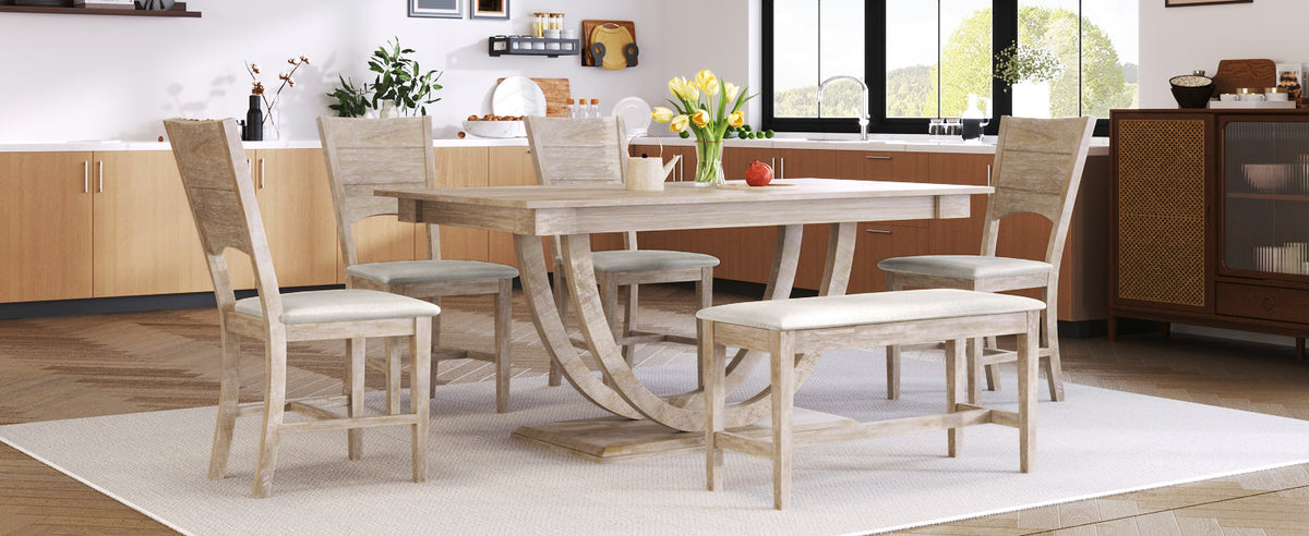 6-Piece Wood Dining Table Set with Half Round Legs - Seats 6