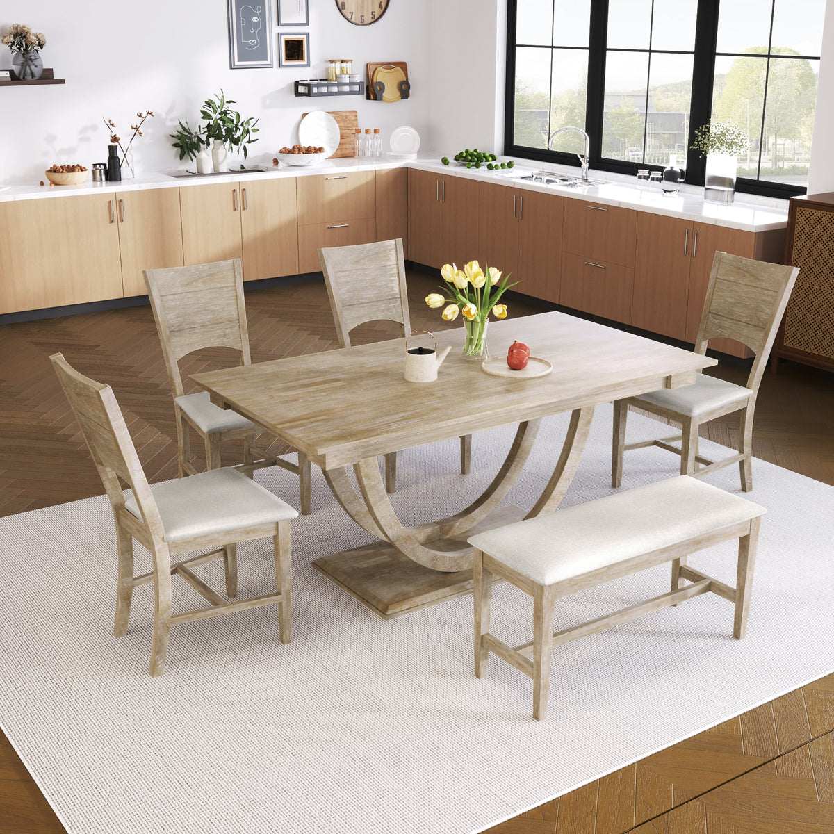 6-Piece Wood Dining Table Set with Half Round Legs - Seats 6
