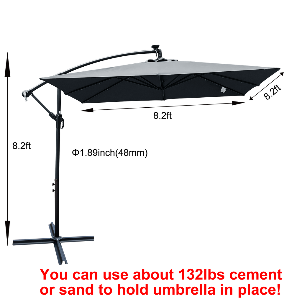 Square Solar-Powered LED Outdoor Patio Umbrella with Steel Pole - Black
