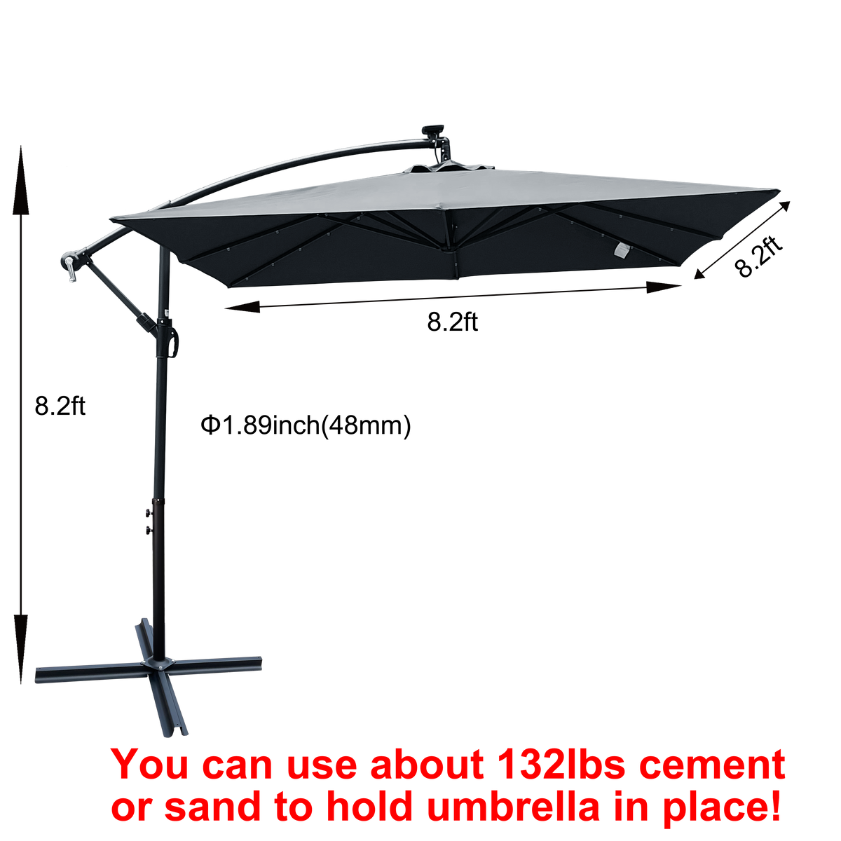 Square Solar-Powered LED Outdoor Patio Umbrella with Steel Pole - Black