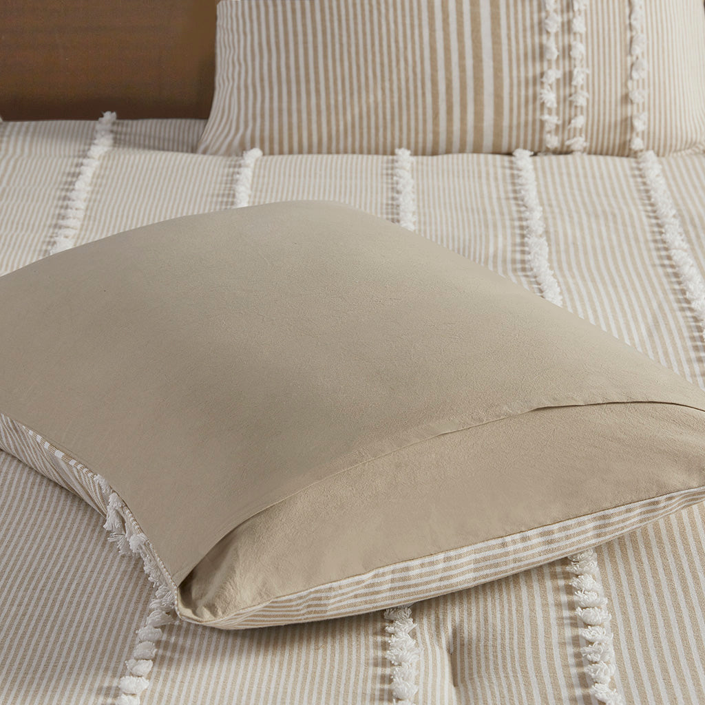 King 3 Piece Cotton Yarn Dyed Comforter Set with Tufted Details - Taupe/White
