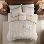 King 3 Piece Cotton Yarn Dyed Comforter Set with Tufted Details - Taupe/White