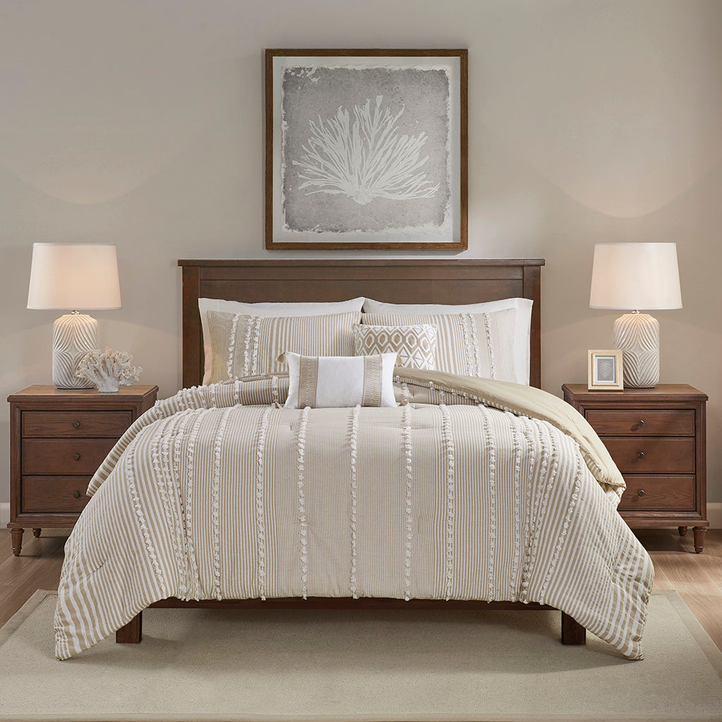 King 3 Piece Cotton Yarn Dyed Comforter Set with Tufted Details - Taupe/White