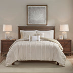 King 3 Piece Cotton Yarn Dyed Comforter Set with Tufted Details - Taupe/White
