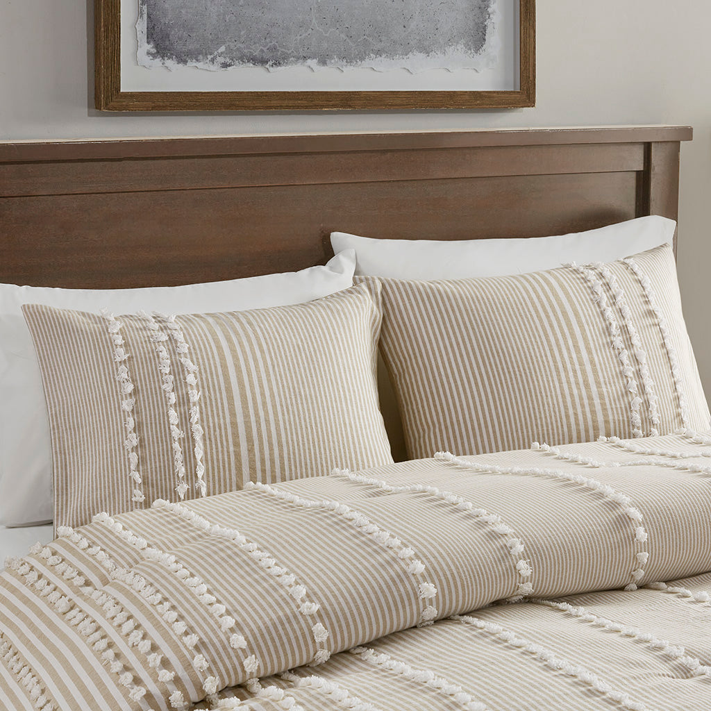 King 3 Piece Cotton Yarn Dyed Comforter Set with Tufted Details - Taupe/White