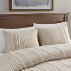 King 3 Piece Cotton Yarn Dyed Comforter Set with Tufted Details - Taupe/White