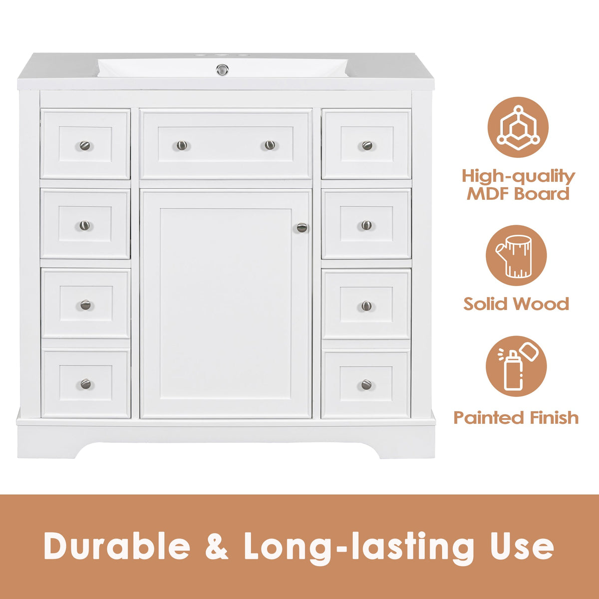 36" Bathroom Vanity Cabinet Base with Drawers - Solid Wood & MDF