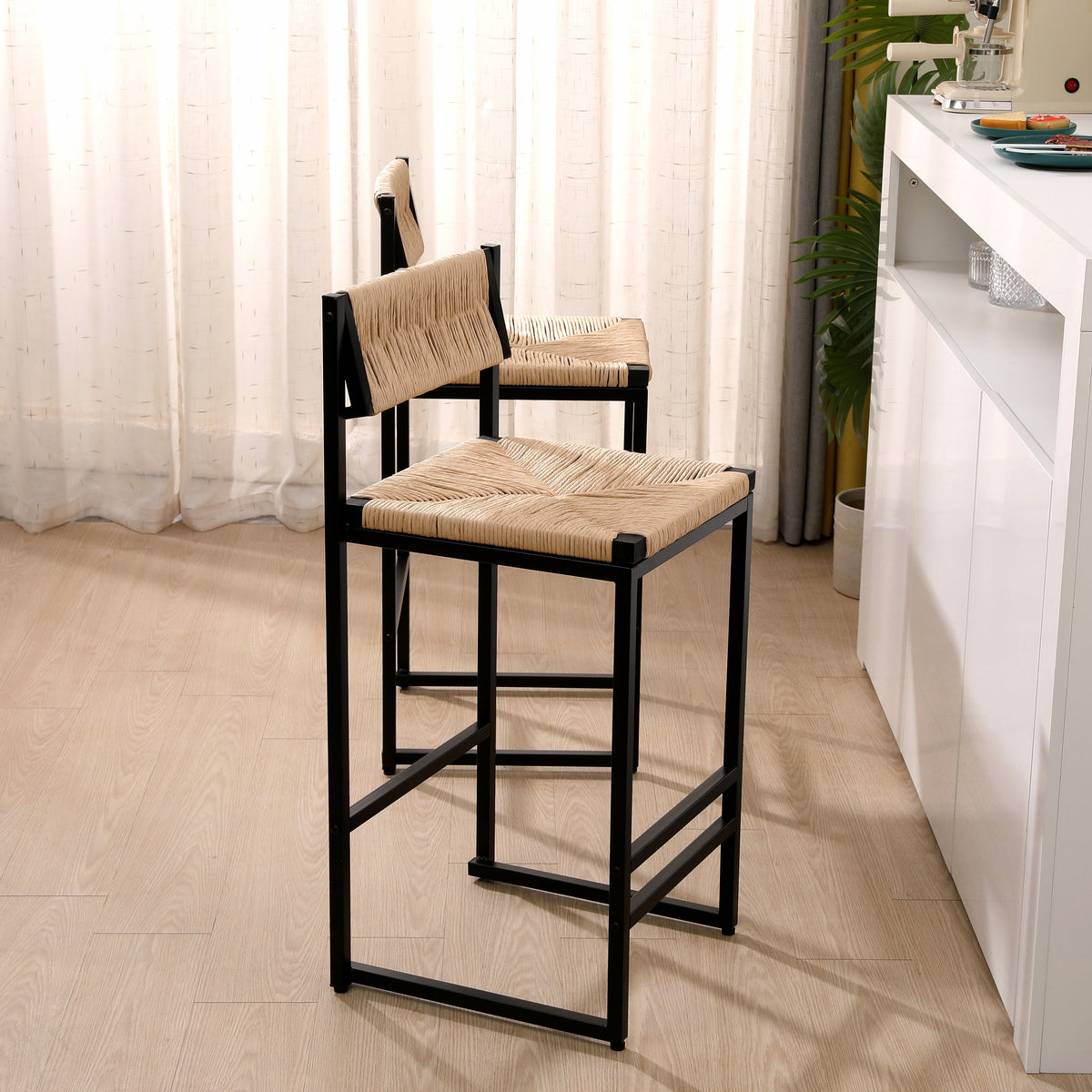 Honey Bar Stools Set of 2 with Paper Rope Weave Seats - Natural Finish