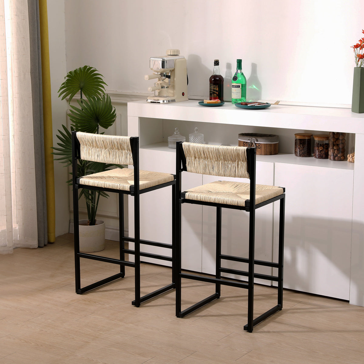 Creamy Bar Chairs Set of 2 with Paper Rope Seating - Creamy White